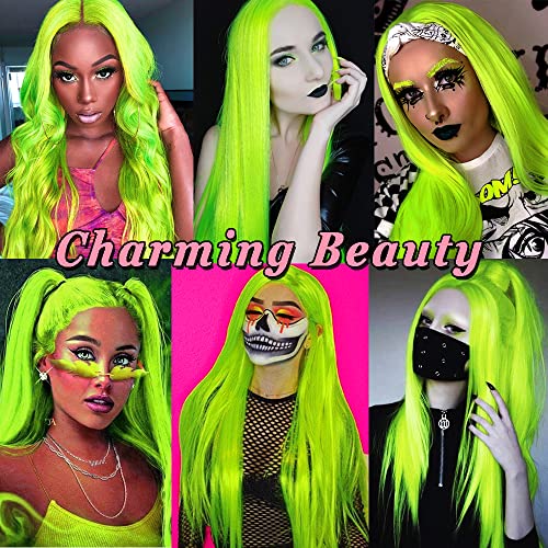 Aubree Fluorescent Green Wigs for Women Neon Green Long Straight Lace Front Synthetic Wigs with Baby Hair Glueless Heat Resistant Hair Replacement for Cosplay Party Christmas gift