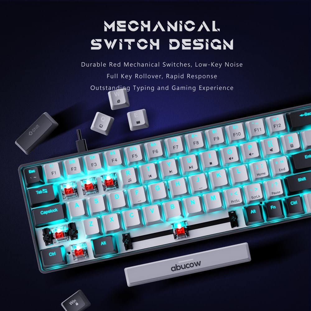abucow 60% Mechanical Keyboard with Colorful Backlight 68-Key Gaming Keyboard Red White Keycaps - Red Switches for a Premium Typing and Gaming Experience PC Mac (Red-White)