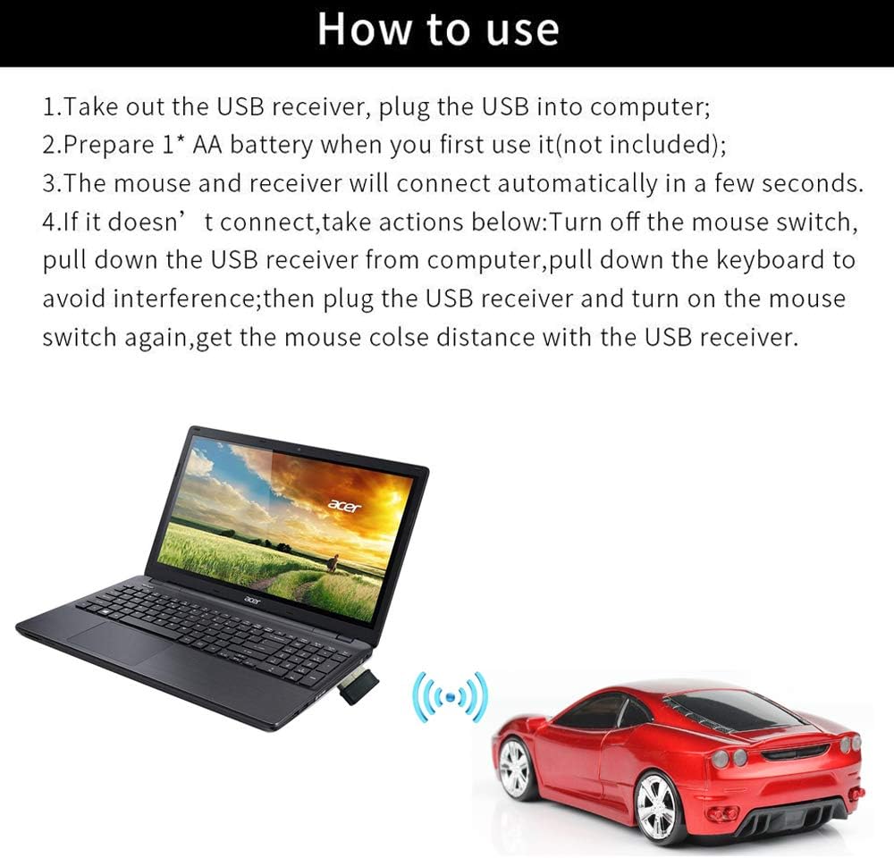 2.4Ghz Wireless Car Shape Mouse 3D Optical Gaming Mice USB Mini Receiver for PC Laptop Computer