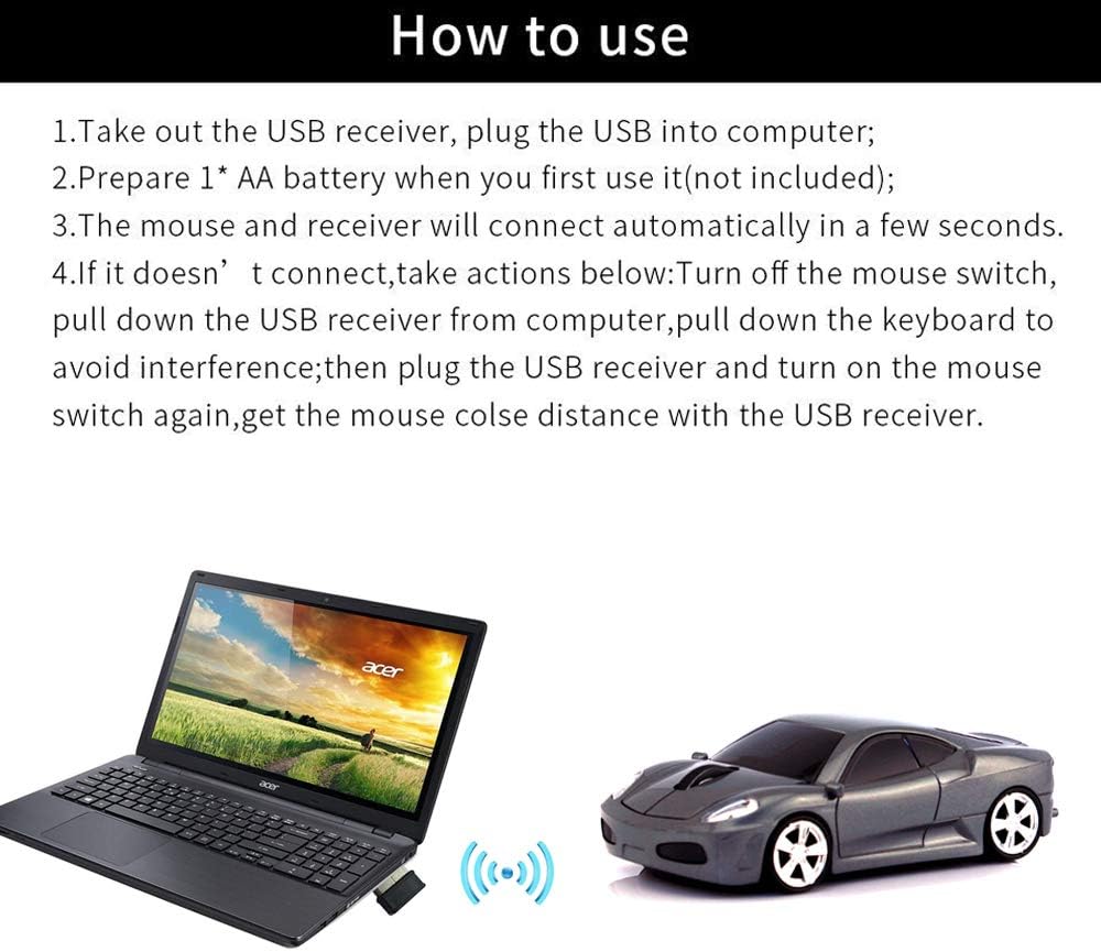 2.4Ghz Wireless Car Shape Mouse 3D Optical Gaming Mice USB Mini Receiver for PC Laptop Computer