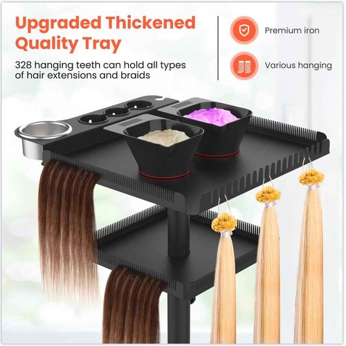 TASALON Professional Hair Extensions Organizer Cart Metal Salon Tray Cart with 2 Magnetic Bowls, Hair Dryer Holder,Adjustable Rolling Base, Black