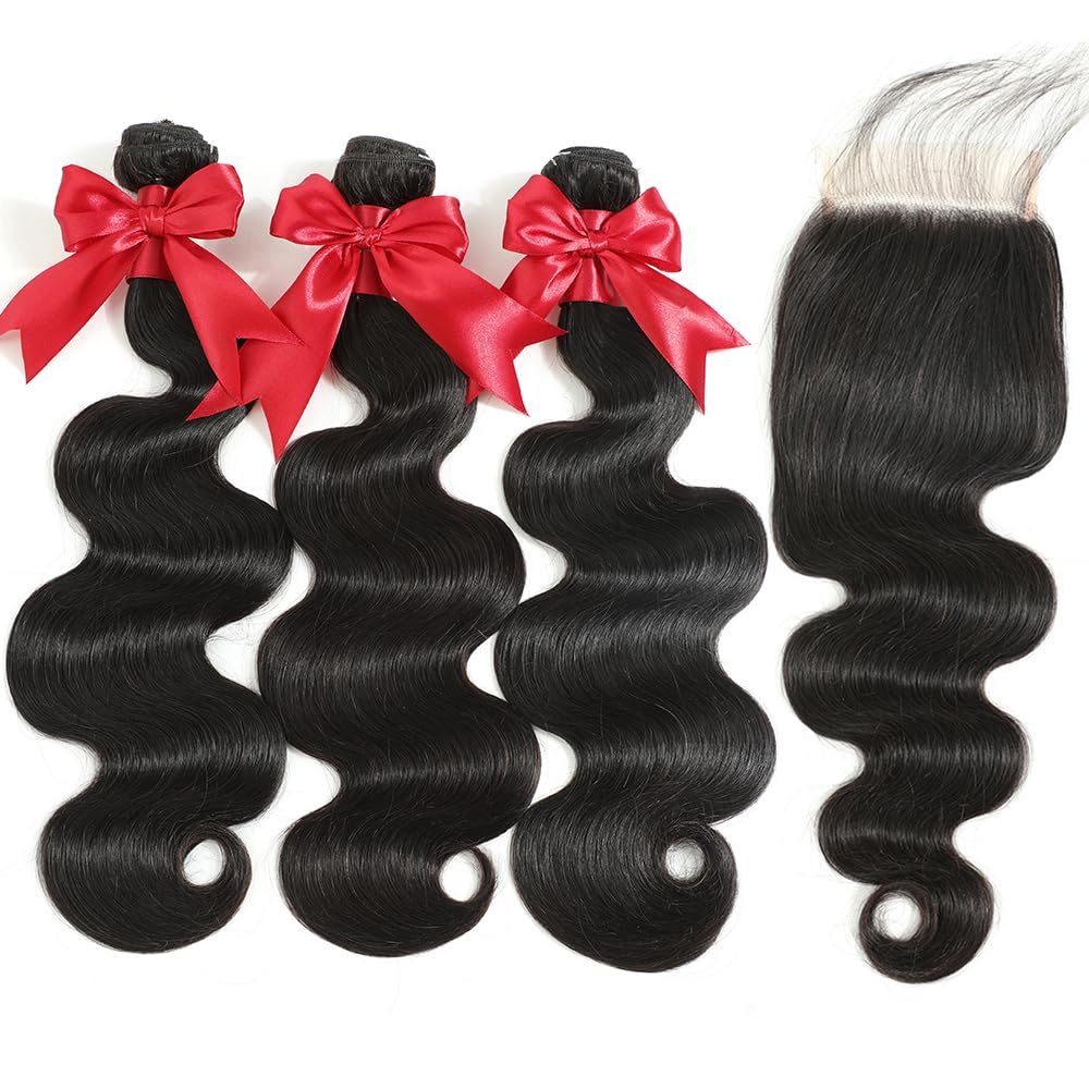 12A Human Hair Bundles with Closure 18 20 22 with 16 Inch Brazilian Body Wave 3 Bundles Human Hair with 4x4 HD Lace Closure 100% Unprocessed Virgin Human Hair Weave