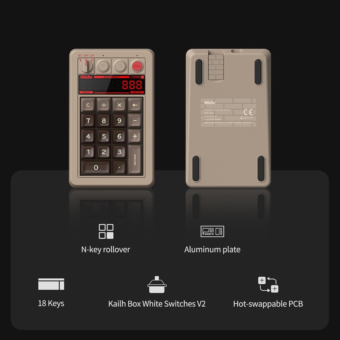 AKNES 8bitdo Retro 18 Mechanical Numpad, 2-in-1 PC and Calculator, Bluetooth/2.4G/Wired for Windows and Android - N Edition