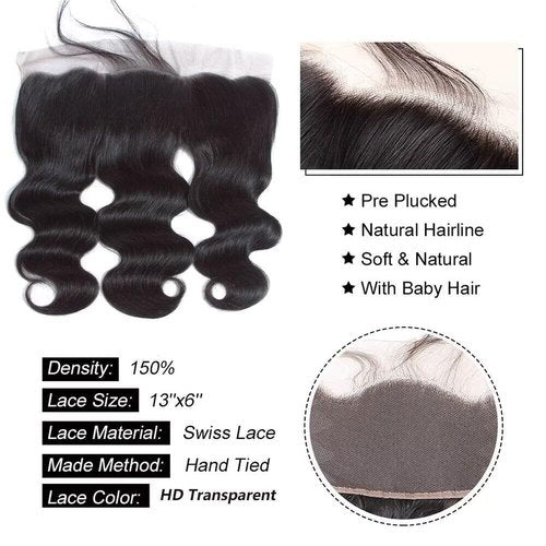 MSGEM 13x6 Lace Frontal Body Wave HD Transparent Frontal Ear to Ear 13x6 Lace Frontal Closure With Baby Hair Free Part 100% Virgin Human Hair Closure Natural Hairline 150% Density 18inch