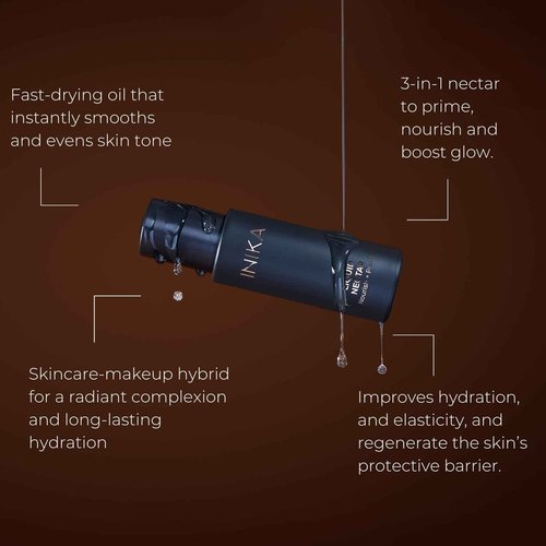 INIKA Organic Liquid Nectar Primer | 3 in 1 Skincare Makeup Hydrid to Prime, Nourish and Boost Glow. Silky Vegan Formula Instantly Smooths & Evens Skin Tone. 30mL