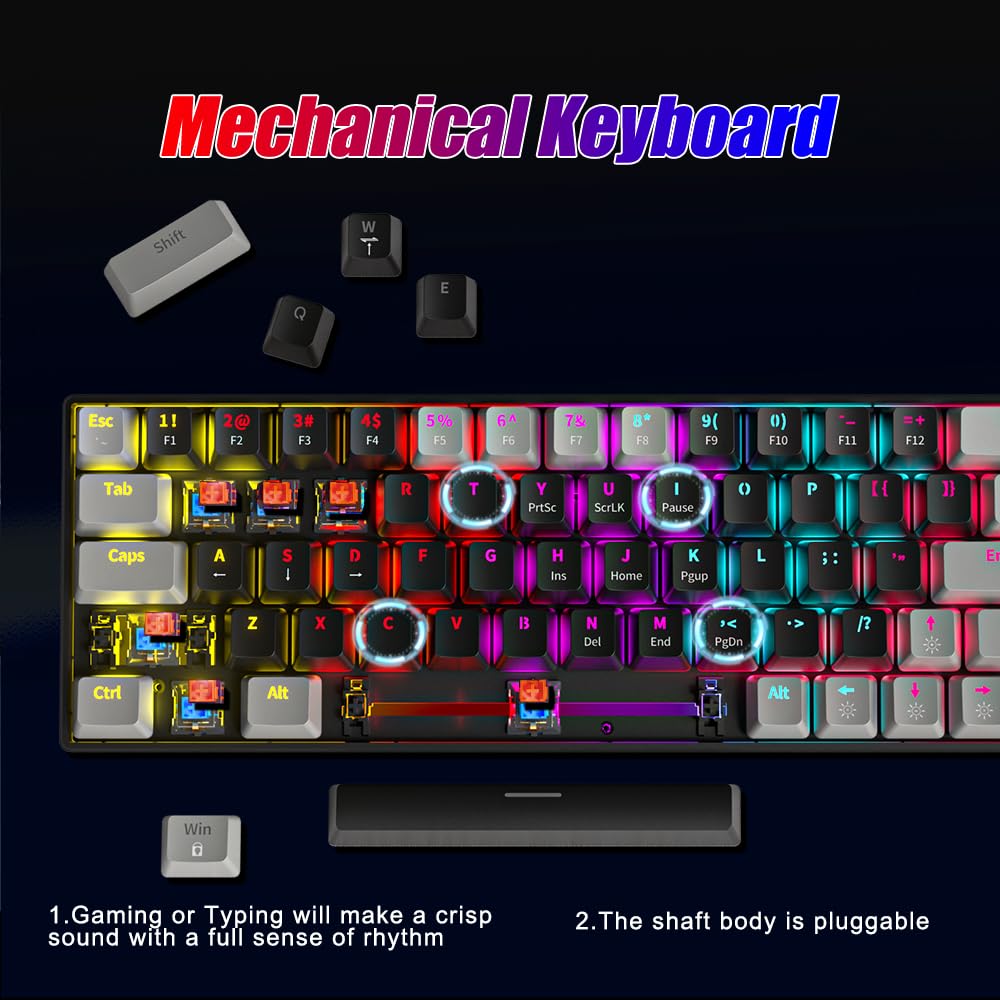 abucow Mechanical Keyboard Wired Swappable Gaming Keyboard with Colorful Backlit Custom 63 Keys (Black-Gray)