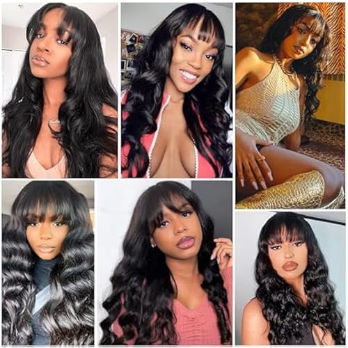 ROSELINE Body Wave Wigs with Bangs Human Hair Wigs for Black Women None Lace Front Wigs 150% Density Brazilian Virgin Hair Glueless Wig Natural Color 22inch