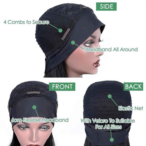 Headband Wig Human Hair 18 Inch Kinky Straight Headband Wigs for Black Women Yaki Straight Human Hair Headband Wig Half Wig Human Hair Natural Black Color