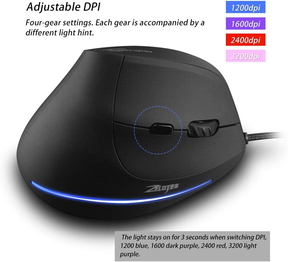 zelotes Vertical Ergonomic Mouse,3200DPI,6 Buttons,LED Illumination,Prevention Against Mouse Arm,USB Optical Wired Mice for Laptop,PC,Mac,Black