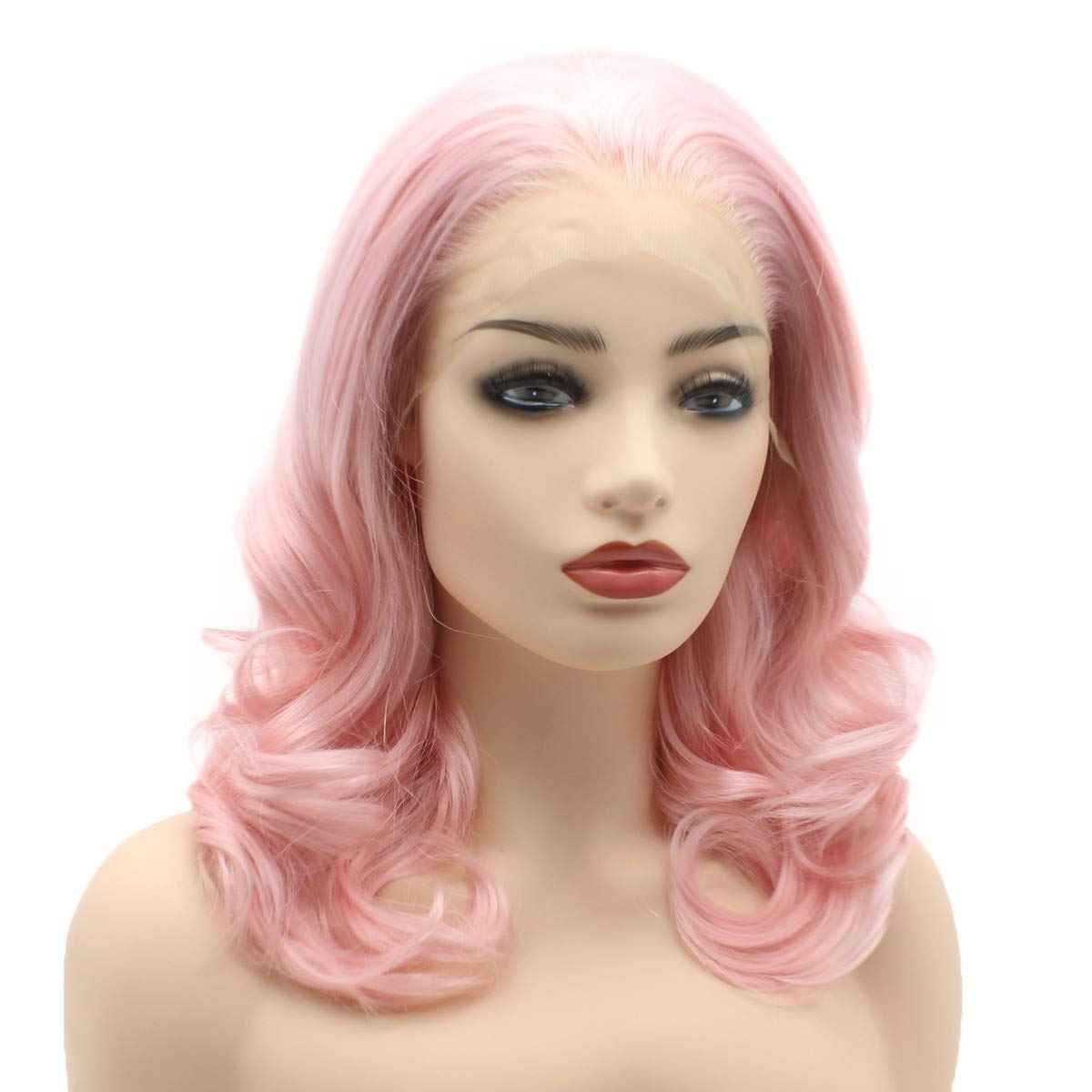 Meiyite Hair Wavy Shoulder Length 16inch Pink Heavy Density Heat Friendly Synthetic Lace Front Wigs