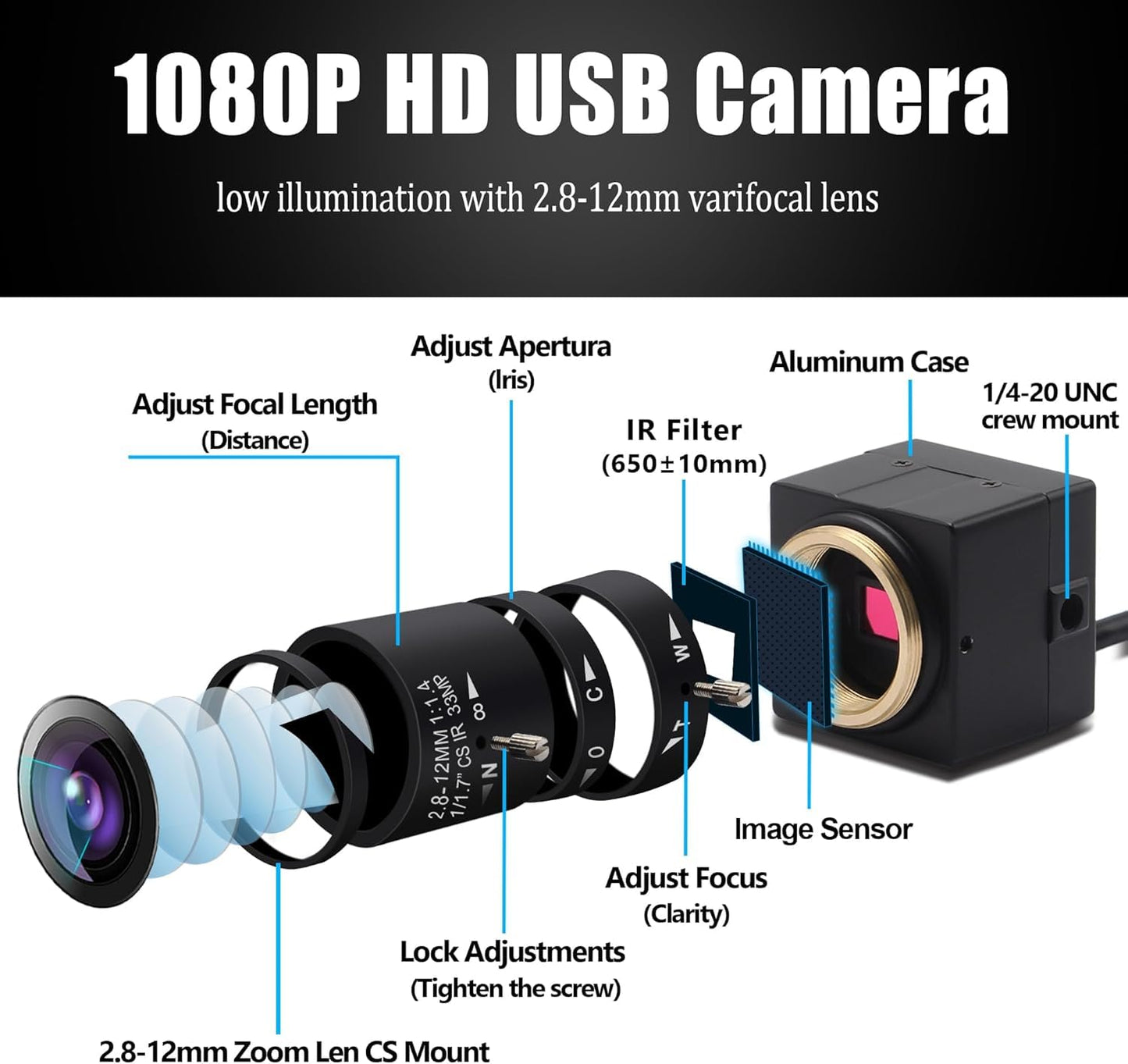 1080P USB Camera H.264 30fps Low Light HD PC Webcam with Zoom Lens 2.8-12mm Manual Focus IMX323 Sensor Computer Webcam Industrial Lightburn Close-up Camera for 3D Printer,Video Meeting