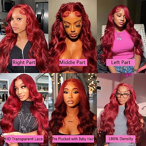 Burgundy Lace Front Wig - 180% Density, 13x4, Body Wave, Baby Hair - 24 Inch Human Hair HD Lace Wig Pre Plucked