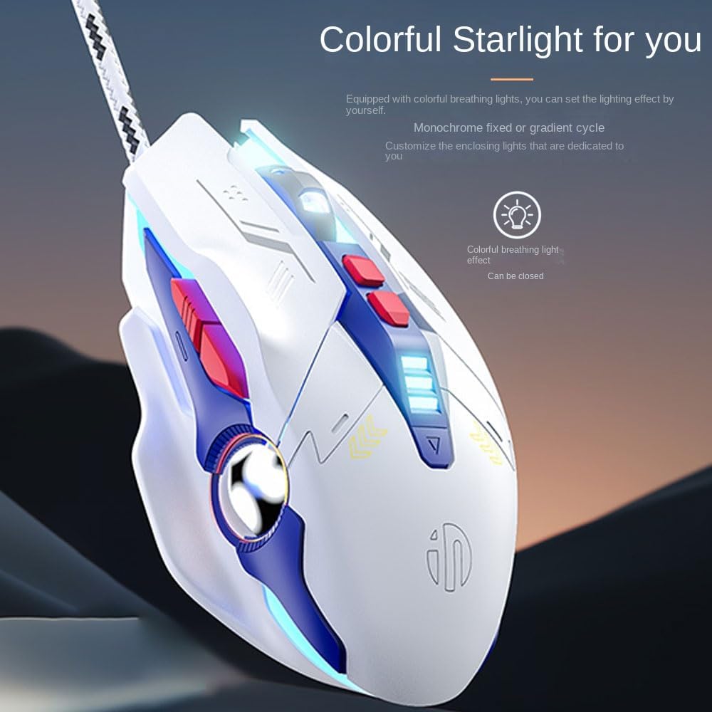 Aimery Wired Gaming Mouse Computer mice Mechanical Breathing Colorful Light with Sound 7 Keys USB Braided Rope 4 Speed DPI Ergonomics PC Laptop Mecha White
