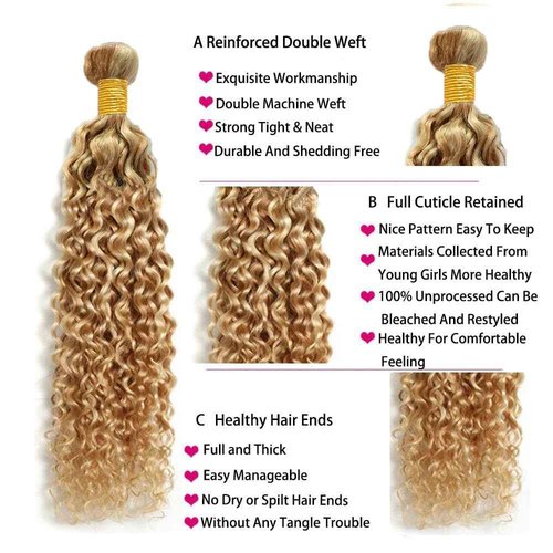 Giginger P27/613 Blonde Jerry Curly Human Hair Bundles 22 24 26 Inch Highlight Honey Blonde Jerry Curly Bundles 100% Unprocessed Raw Quick Weave Hair for Black Women
