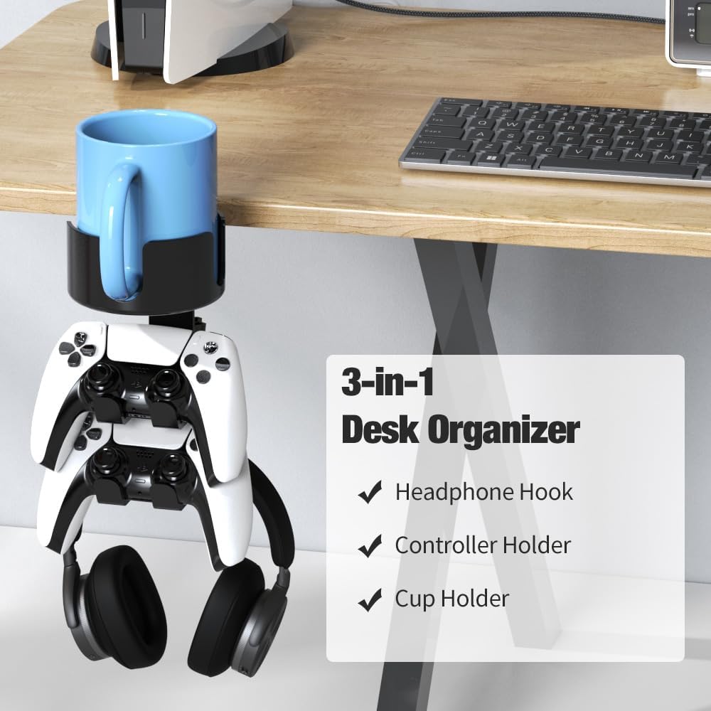 360° Rotating Controller Headphone Holder - Larger Desk Cup Holder with Adjustable Headset Hanger Controller Stand | Clamp On Desk Organizer | Gaming Desk Pc Accessories