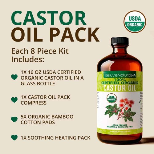 Castor Oil Pack - 8 Piece Complete Kit. Includes 16oz Glass Bottle of Organic Castor Oil, Easy to use Organic Cotton Compress with Adjustable Fit, 5 Soft Cotton Pads & Soothing Heat Pack..