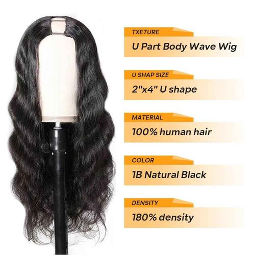 U Part Human Hair Wig Body Wave Drawstring Wig 180% Density U Part Wig Brazilian Virgin Human Hair wigs for Women Full Head Clip in Half Wigs Glueless No Leave Out Lace Front Wig Natural Color 18inch