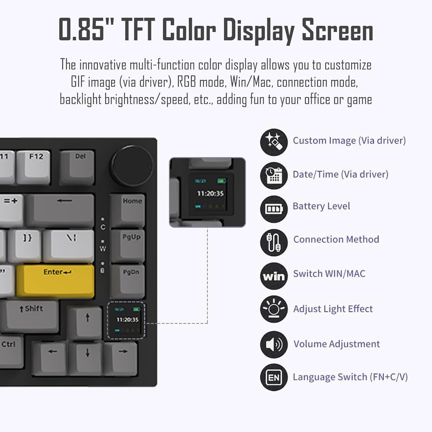 AJAZZ AK820 Pro 75% Gasket RGB Wireless Mechanical Keyboard with TFT Screen, Volume knob, Bluetooth/2.4G/Wired 3-Modes, Compact 82 Hot-Swap Keys, Tricolor PBT Keycap, 4000 mAh (Gray&Yellow 3-Modes)