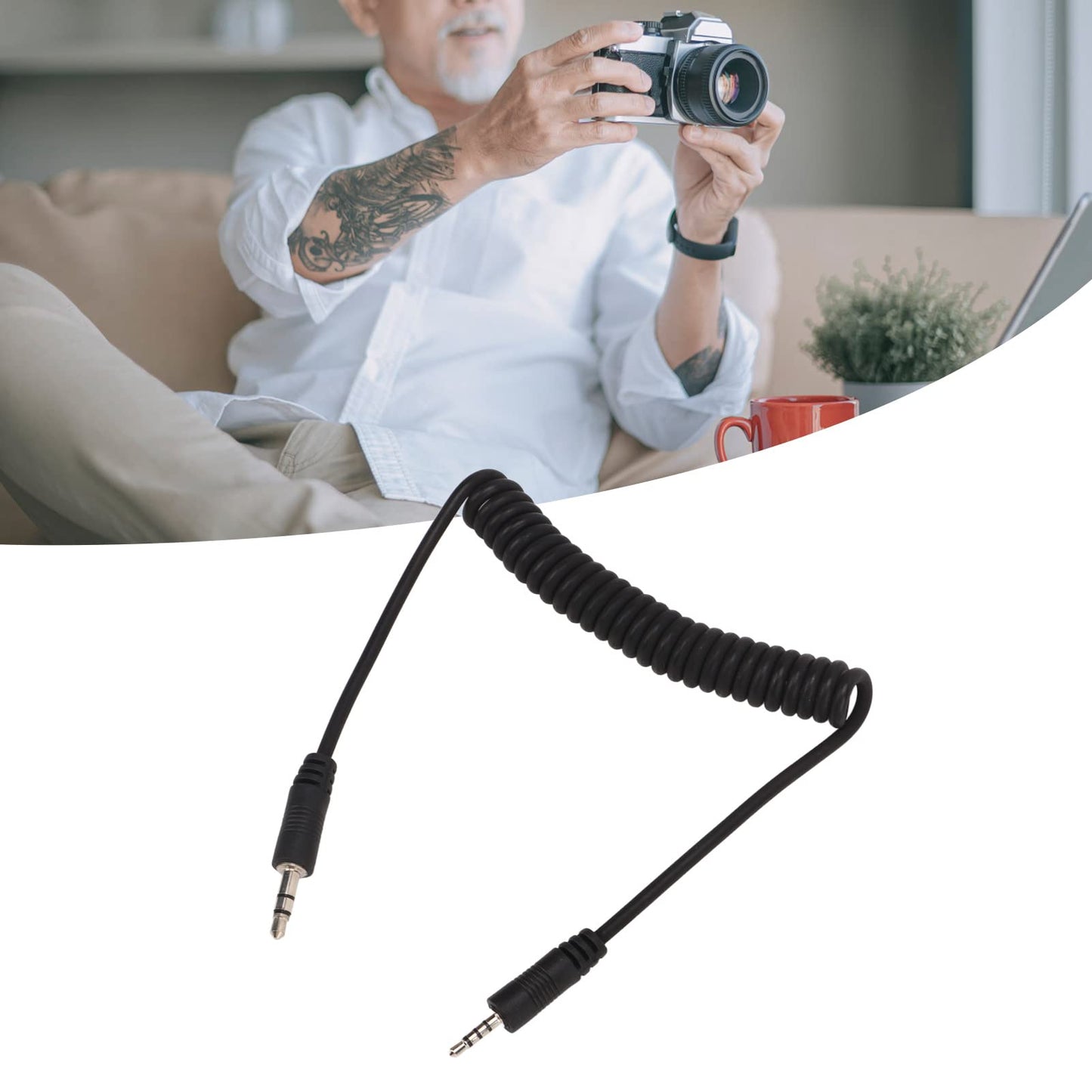 2.5mm Flash Sync Cable, 3.5mm Male to Male Coiled Cord, Spring Design, Stable Without Delay, for V LUX, Series, for GF, GH, G, L, LC, FZ All Series
