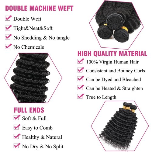 Human Hair Bundles Brazilian Deep Wave Weaves 18 20 22inch 12A 100% Unprocessed Virgin Human Hair Deep Wave Quick Weave Raw 3 Bundles Deals Natural Black