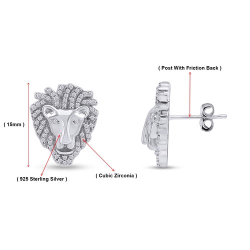 Lion Head Stud Earrings for Men in 14K White Gold Plated 925 Sterling Silver with White Cubic Zirconia Animal Face Men’s Jewelry Gift for Him, Push-Back