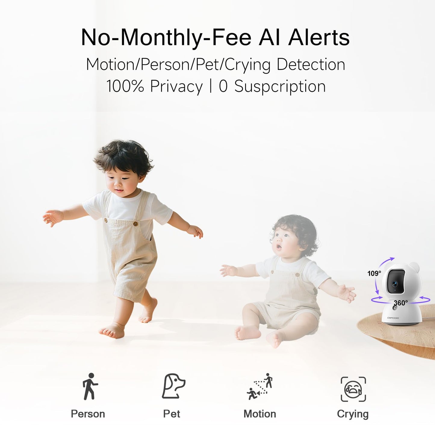 2.5K Security Camera Indoor, Non-Subscription AI Person/Pet/Cry Detection, 4MP Pet/Dog/Cat Camera w/Phone App, Pan Tilt 2.4GHz WiFi Cameras for Home Security, IR Night Vision, Full Duplex 2-Way Audio