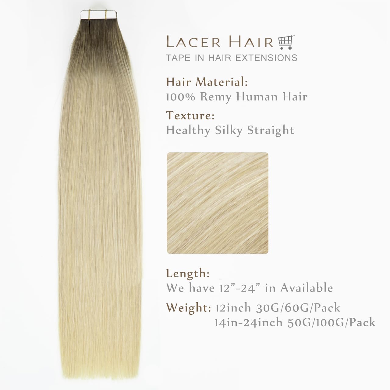 Lacerhair Rooted Tape in Hair Extensions Human Hair Seamless Skin Weft Real Remy Invisible Natural Hair #8G/60A Double Sided Light Platinum Blond with Light Ash Brown Roots 22" 50g