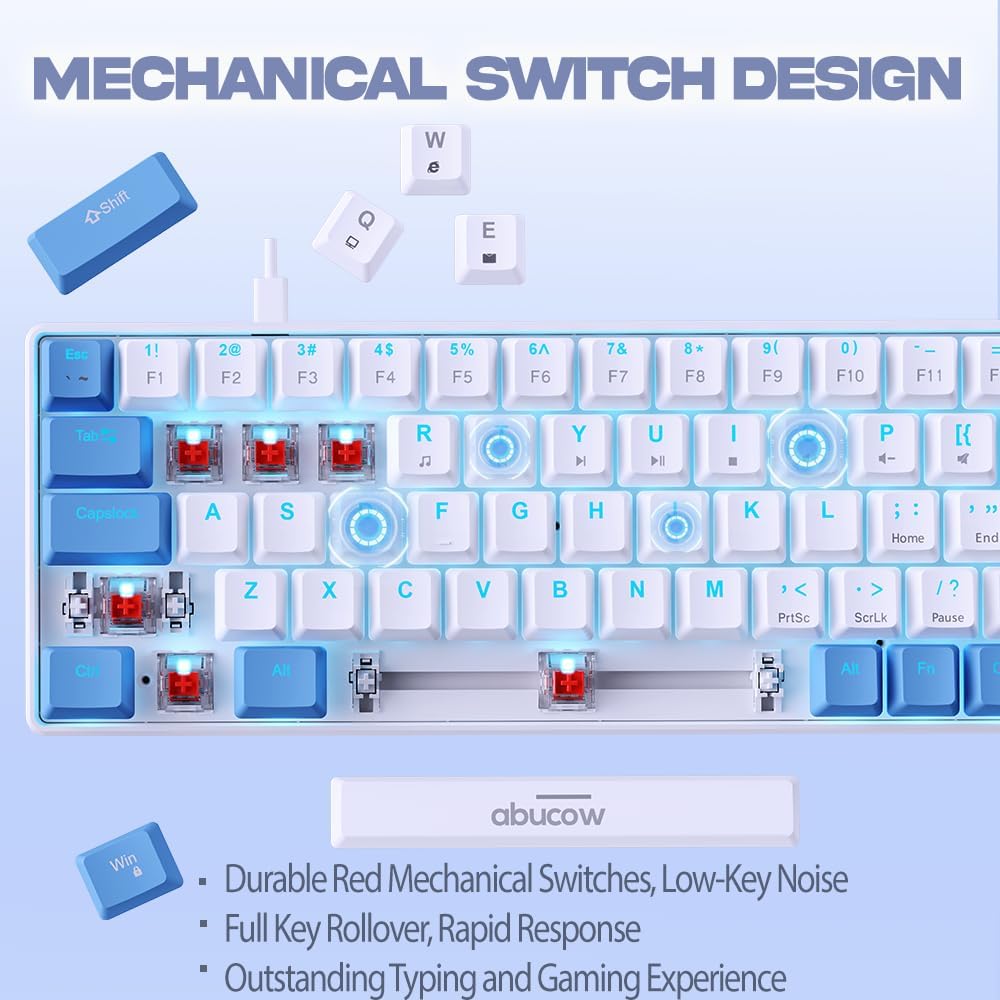 abucow 60% Mechanical Keyboard with Blue Backlight 68-Key Gaming Keyboard Gray-Black Keycaps - Red Switches for a Premium Typing and Gaming Experience PC Mac (Gray-Black)