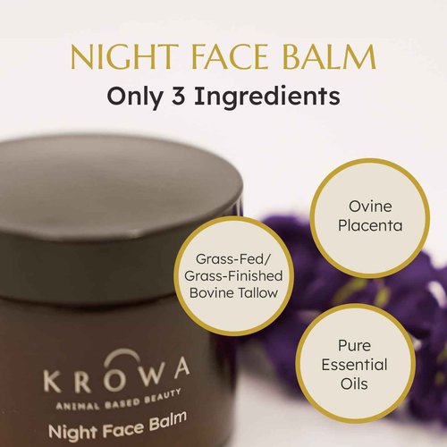 Krowa Night Face Balm - Grass Fed Tallow Cream w/Essential Oils. Growth Factors & Stem Cells for Natural Skin Rejuvenation. Collagen and Elastin to Boost Skin Renewal. Clean Beauty, No Additives