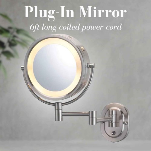 JERDON Wall-Mounted Makeup Mirror with 5X Magnification - Nickel Makeup Mirror with LED Lights - Plug in - HL65N