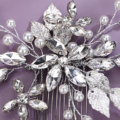 Teyglen Silver Flower Leaf Headpiece Crystal Bridal Wedding Hair Comb for Women Bride Girls (Silver, 15*7cm/5.9*2.75inch, Alloy+Rhinestones + Crystal+Imitation pearls, 1 Count)