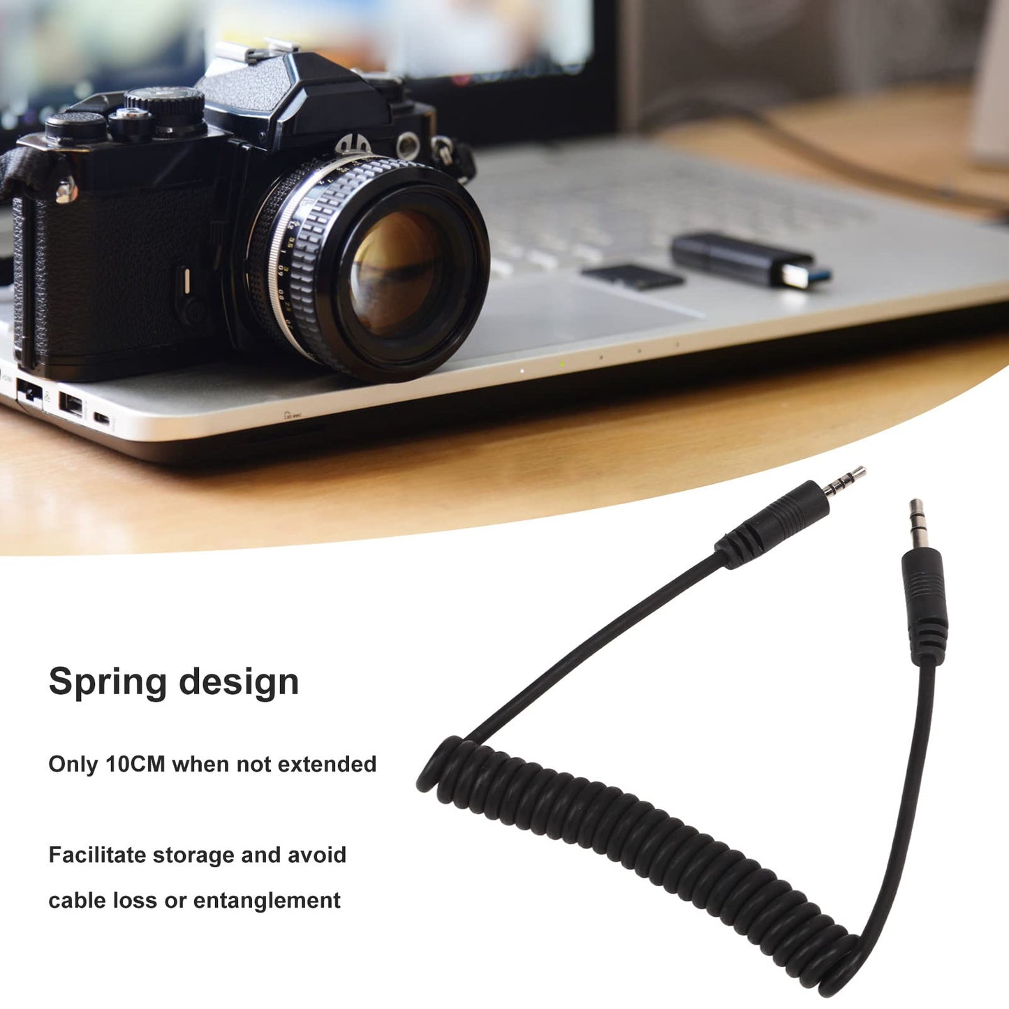 2.5mm Flash Sync Cable, 3.5mm Male to Male Coiled Cord, Spring Design, Stable Without Delay, for V LUX, Series, for GF, GH, G, L, LC, FZ All Series