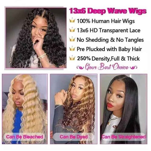 CHEETAHBEAUTY 18Inch Deep Wave Wigs 13X6 HD Transparent Lace Front Wigs Human Hair Brazilian Virgin Human Hair Wigs for Black Women Pre Plucked with Baby Hair Natural Color 250% Density