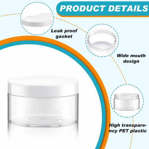 Dandat 72 Pcs 8 oz PET Loose Powder Containers Plastic Jars with Lid and Label, Leak Proof Empty Cosmetic Jars for Lotion, Cream, Gel, Powder - Refillable Travel Storage Containers(White)
