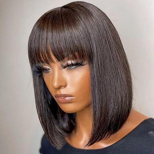 Straight Short Bob Natural Black HD Lace Front Wigs with Baby Hair 13X4 Glueless Human Hair Bangs Pre Plucked with Bleached Knots 180 Density for Black Woman 8 Inch