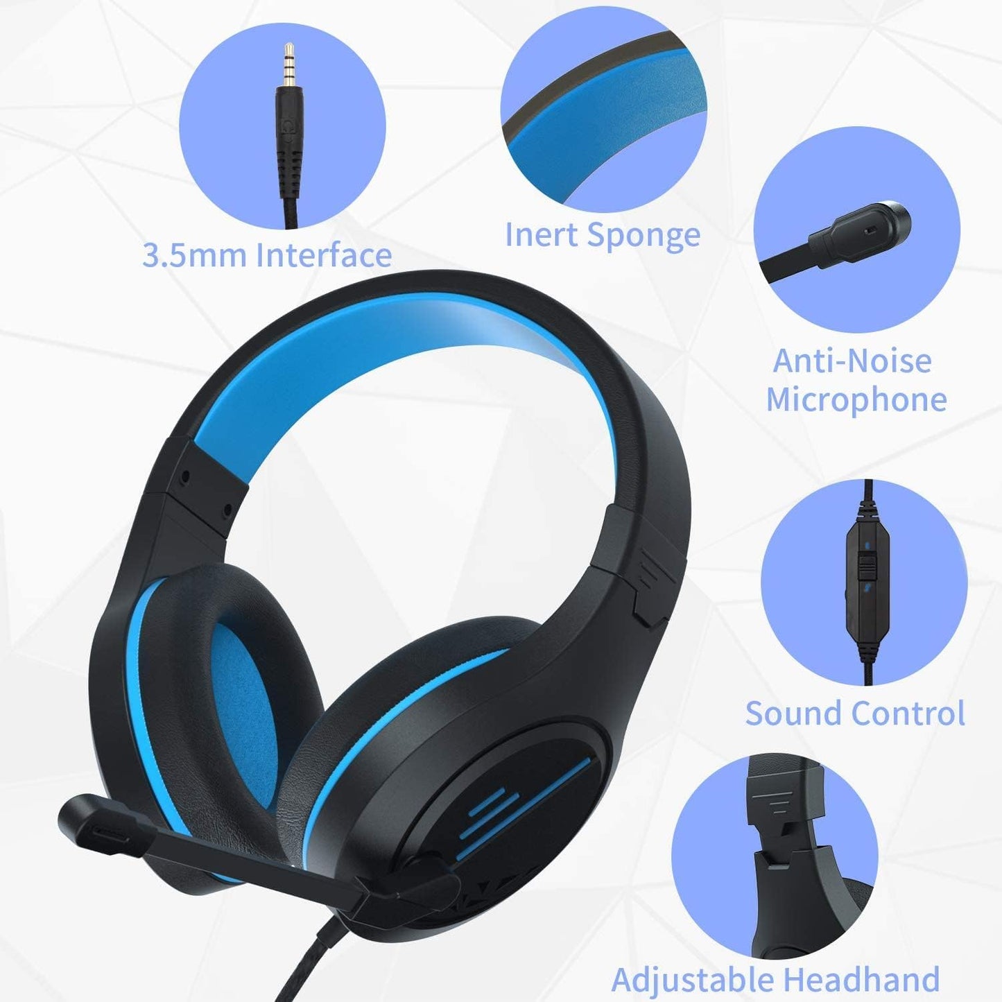Anivia MH601 Blue Headphones with Microphone Wired Headset with Active Noise Canceling Microphone, 3.5mm Audio Jack Stereo Headphone (Game/Work/School)
