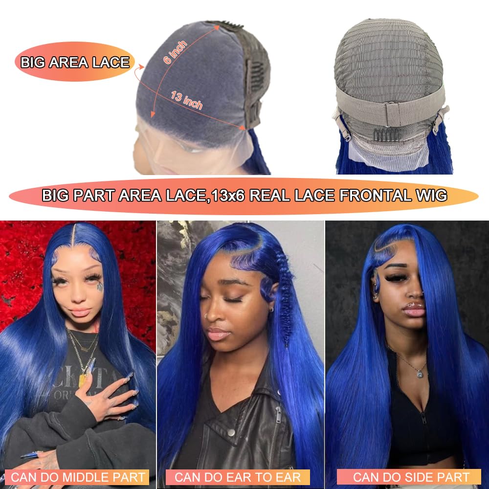 13x6 Blue Lace Front Wig Human Hair Straight Hd Transparent Navy Blue Lace Front Wigs Human Hair Wear and Go Glueless Wig Human Hair Pre Plucked 24 Inch Colored hd Lace Frontal Wigs for Black Women
