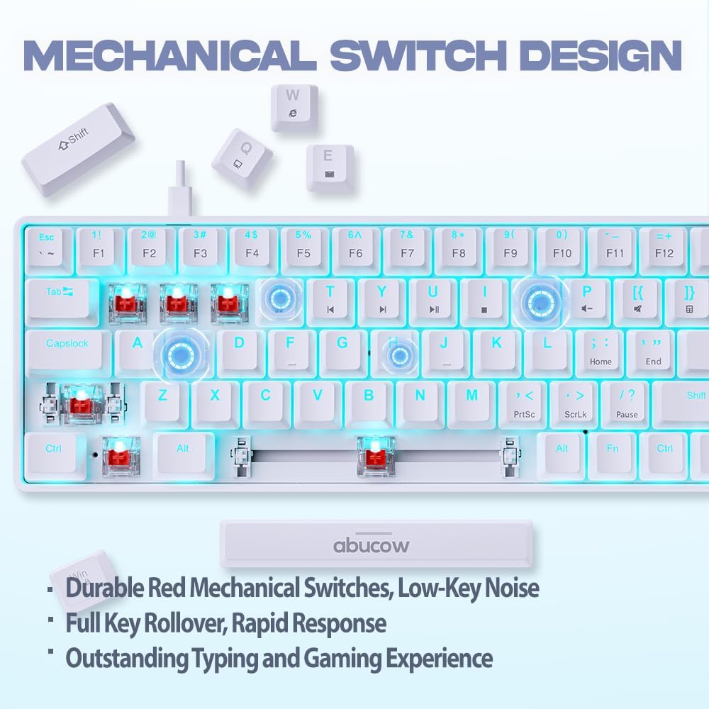 abucow 60% Mechanical Keyboard with Colorful Backlight 68-Key Gaming Keyboard White Red Keycaps - Red Switches for a Premium Typing and Gaming Experience PC Mac (White-Red)