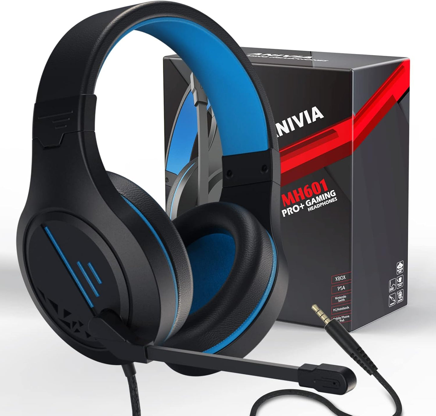 Anivia MH601 Blue Headphones with Microphone Wired Headset with Active Noise Canceling Microphone, 3.5mm Audio Jack Stereo Headphone (Game/Work/School)