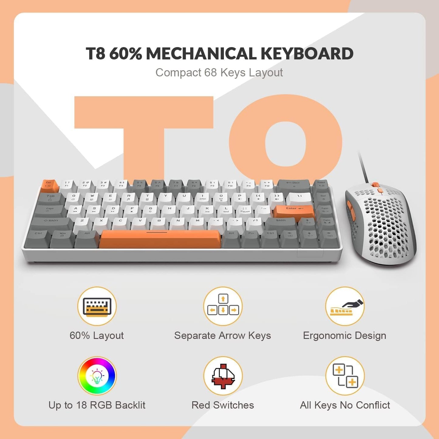 ZIYOU LANG RK-T8 Wired 65% Mechanical Gaming Keyboard with RGB LED Backlit Anti-ghosting TKL Mini 68 Key Custom Coiled C to A Cable Tactile Blue Switch for PS4 PS5 Xbox PC Mac Gamer(White/Blue/Red)