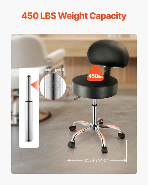 VEVOR 450 LBS Weight Capacity Round Rolling Stool Chair, Height Adjustable Thickened PU Leather Swivel Stool for Salon, Spa, Massage, Tattoo, Clinic, Black