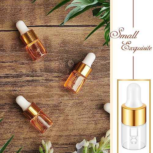 100 Pcs Mini Glass Oil Dropper Bottle Bulk, Clear Essential Small Empty Bottles Sample Containers Perfume Liquid Vials with Cap for Traveling (2 ml,Gold)