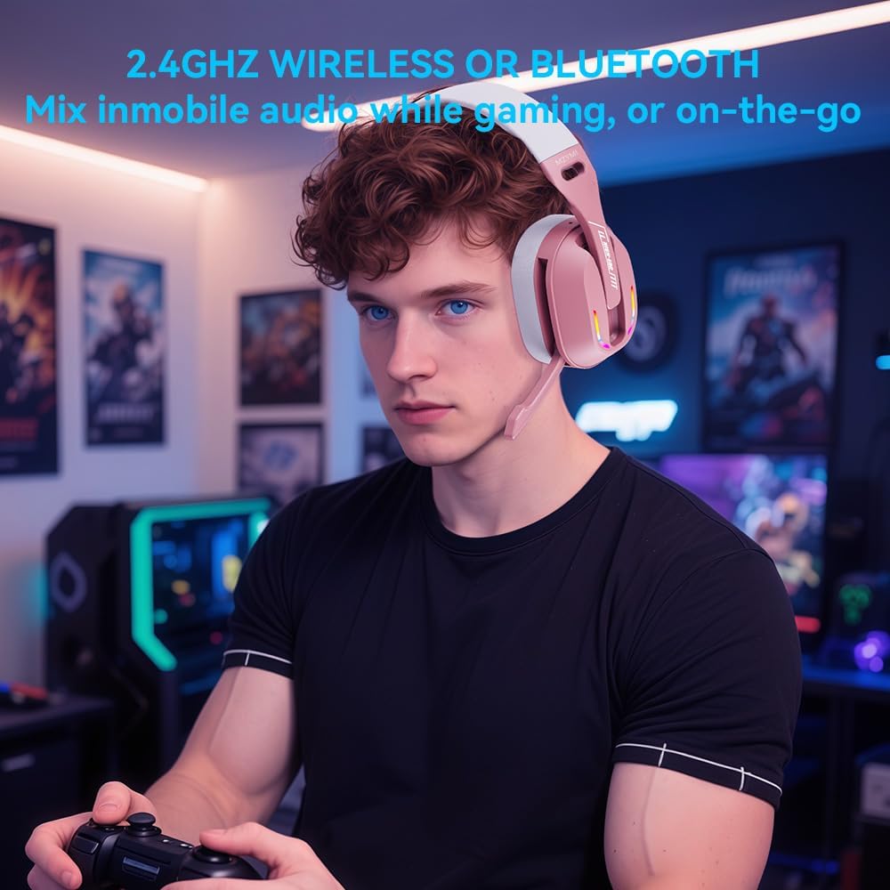2.4GHz Wireless Gaming Headset for PC, PS5, PS4, Switch - Bluetooth 5.4, 20H Battery, with ENC Noise Canceling Microphone, Cool Lighting, 40mm Drivers,for Wired Mode Xbox Series -Black