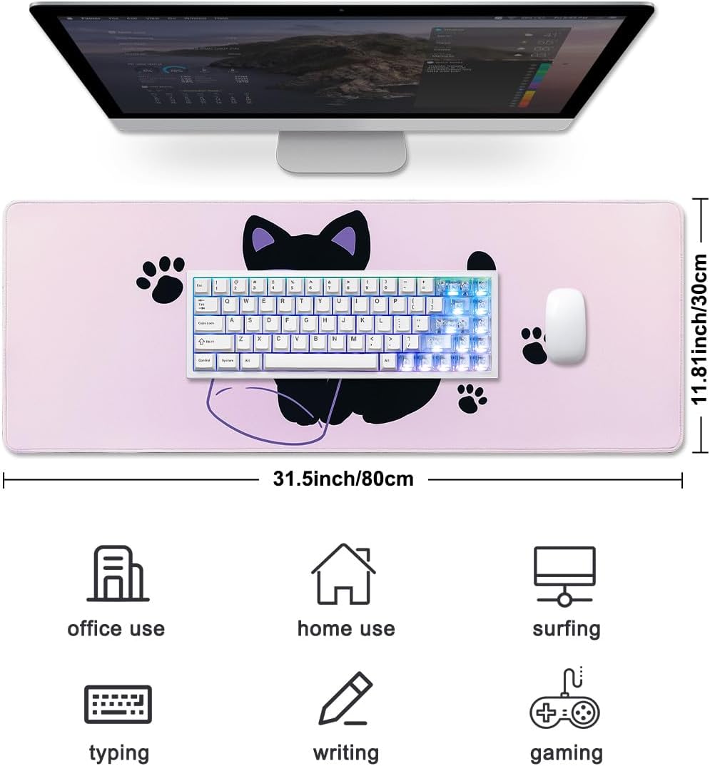 YUNZII Keynovo Gaming Mouse Pad, Large Mouse Pad, Non-Slip 4mm Laptop Gaming Desk Pad for Office and Home(Naughty cat, 31.49'' x 11.8'')