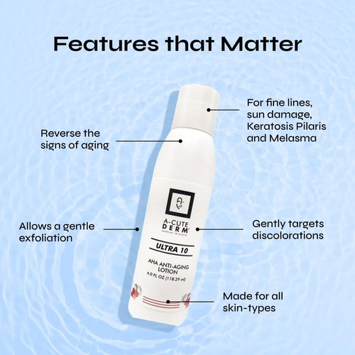 A-Cute Derm Ultra 10 AHA Anti-Aging Lotion for Exfoliation Simple and Effective for Face and Body (4 OZ)