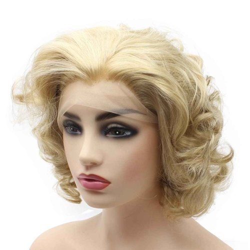 Peakia Short Wavy Ash Blonde Half Hand Tied Synthetic Lace Frontal Wigs