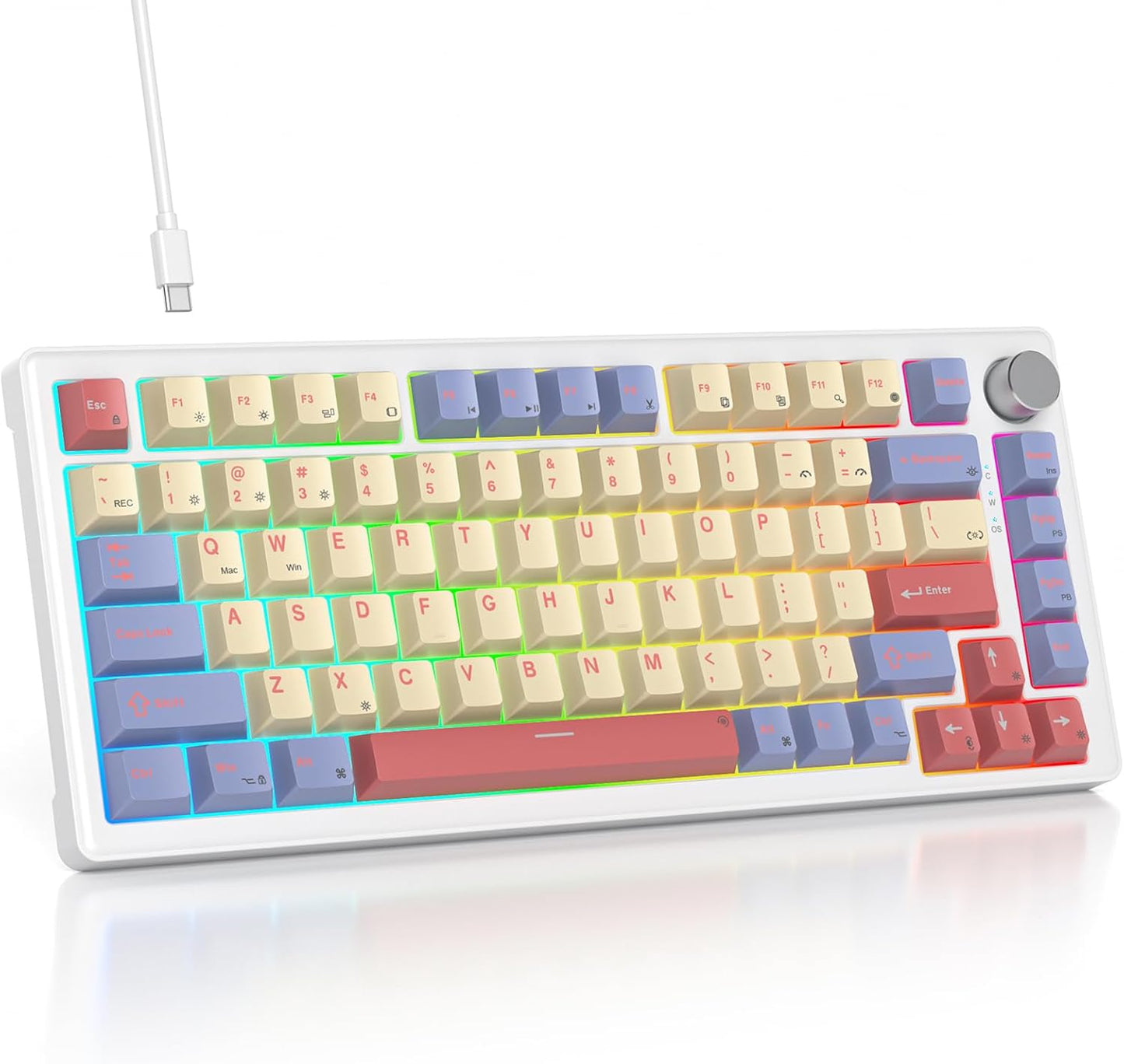 75% Mechanical Keyboard Gasket with Knob, Custom Wired Creamy Gaming Keyboard TKL 75 Percent Hot Swappable RGB Backlit, Pre-lubed Switch for Win/MAC PC Laptop(Cotton Candy/White Switch)