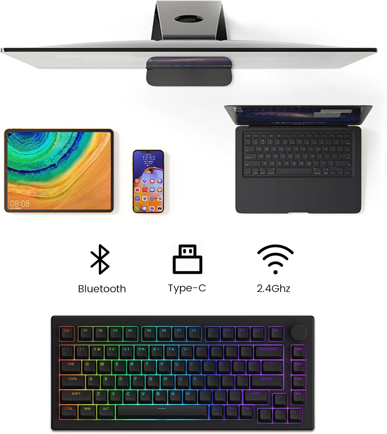 Akko 5075B Plus Mechanical Keyboard 75% Percent RGB Hot-swappable Creamy Keyboard with Knob, Black & Silver Theme with PBT Double Shot ASA Profile Keycaps V3 Creamy Yellow Pro Switch