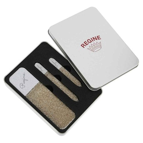 Regine Switzerland 3pc Nano File Set: Professional Heavy Duty Glass Nail Files with Case Kit - Reusable Crystal Fingernail Manicure and Pedicure Tools for Men, Women, and Adults (Gold Shimmer)