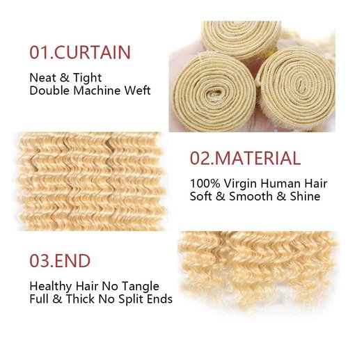 MLMYBAYEA Blonde Human Hair Bundles 613 Deep Wave Bundles 24 26 28 Inch #613 Colored Brazilian Virgin Remy Hair Extensions Double Drown